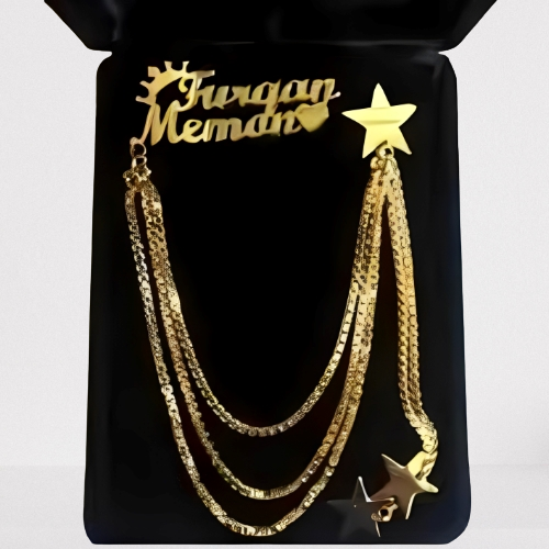 Gold Broosh Customized Name Decorated with crown, star, heart and chains