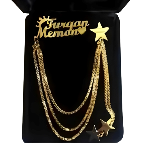Gold Broosh Customized Name Decorated with crown, star, heart and chains