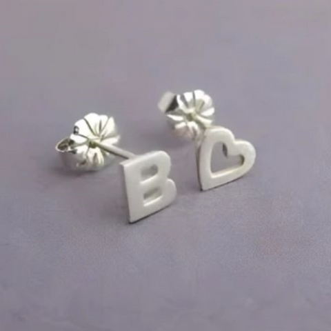 Silver Different Pairs Customized Heart Initial Personalized Letter Stud Silver Earrings