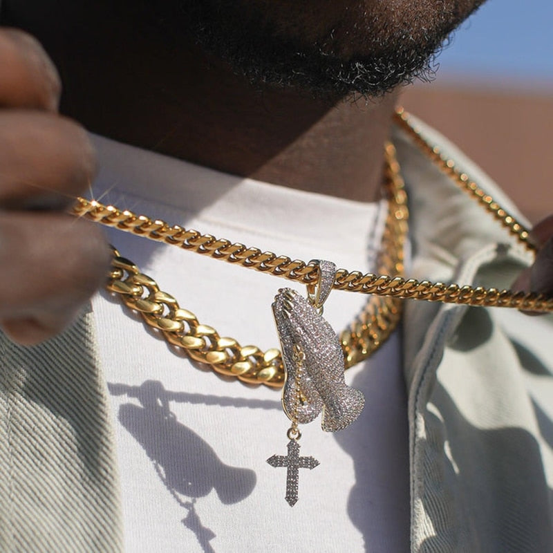 Iced Out Praying Hand Pendant Necklace With Cross Mens/Women Gold Plated Hip Hop Charm Jewelry Necklace Chain For Gifts