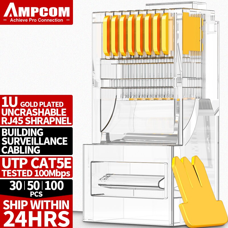 AMPCOM CAT5e RJ45 Connector 8P8C Modular Ethernet Cable RJ 45 Ends Ethernet Cable Crimp Connectors UTP Network Plug