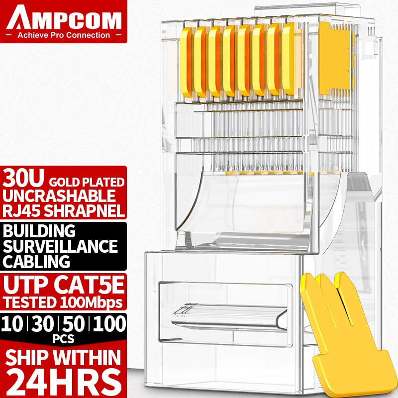 AMPCOM CAT5e RJ45 Connector 8P8C Modular Ethernet Cable RJ 45 Ends Ethernet Cable Crimp Connectors UTP Network Plug