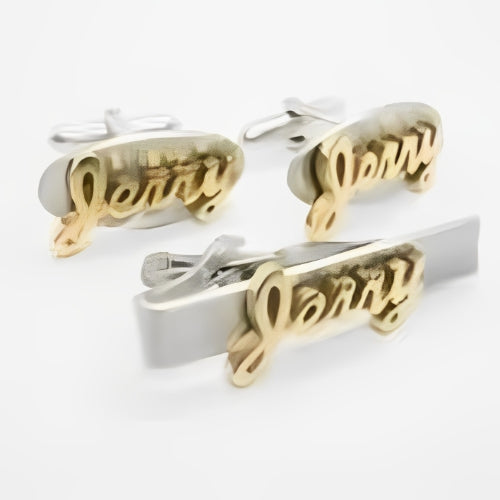 Set-of-Gold-Silver-Tie-Bar-Cufflinks-Customized-Men-Name-Personalised-Name