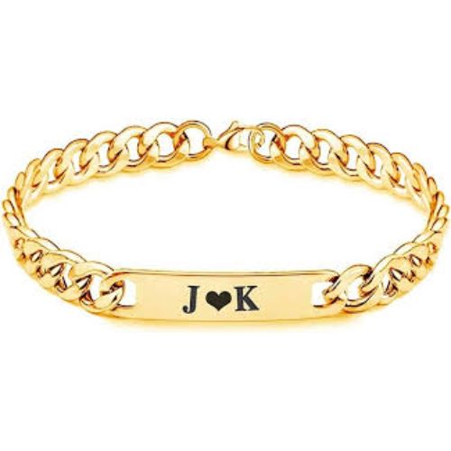 Men Gold  Bracelet initials Customized Two Names Heart  Engraved Name plate.