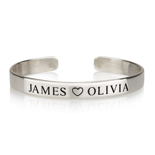 Men-Silver -Bangle-Customized-Two Names Heart-  Engraved-Name.