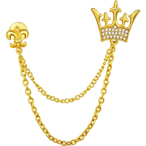 Gold plated crown broosh gold for men with chain-zircon.