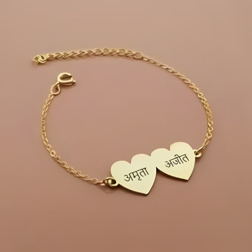 Gold Anklet 2 Hearts Shape  Custmized Engraved Names For kids Jewlery