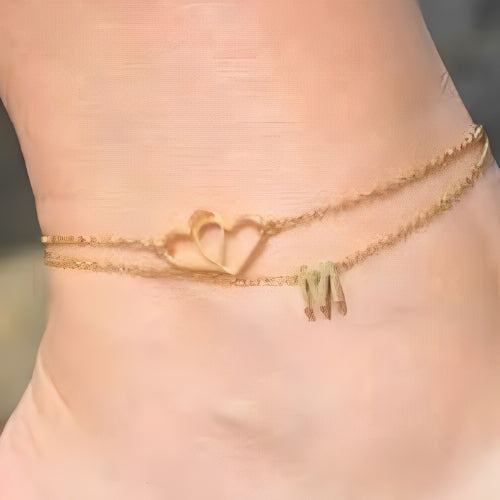 Gold Anklet 2 Hearts Shape with initial Customized  d Name