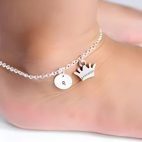 Gold Anklet Circle Shape and Crown Design Engraved name.