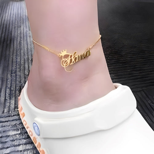 Gold Anklet  Design Customized Name with Crown Personalized Name