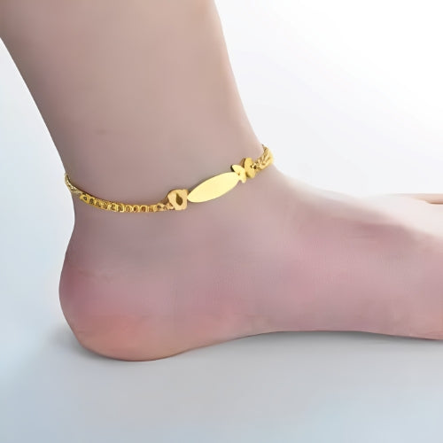 Gold Anklet Oval Shape Design Custmized Engraved name with Butterfly