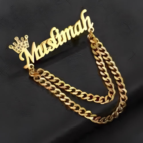 Gold Broosh Customized Name Decorated with crown and chains