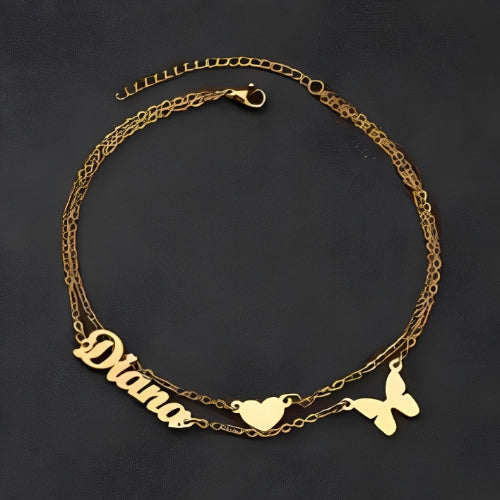 Gold Double Anklet Customized Name with Heart  and Butterfly