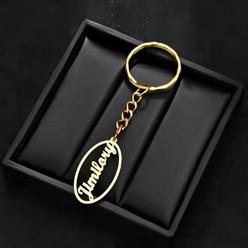 Gold Keychain Customized Name OVAL Shape Design centred Pesonalised Name