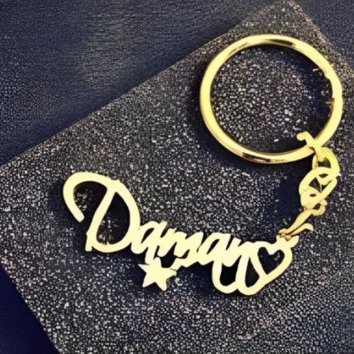 Gold Keychain Customized Name with Heart Star Design Pesonalised Name