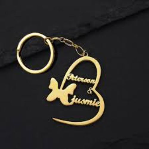 Gold Keychain Heart Shape with Butterfly Design Customized Name Pesonalised Name