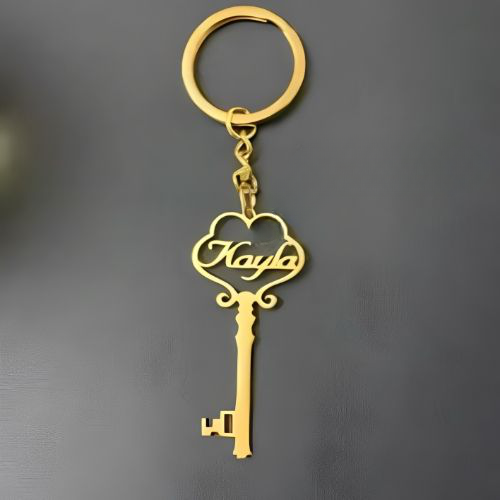Gold Keychain KEY Shape Design Customized Name Pesonalised Name