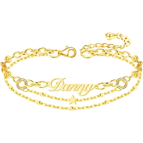 Gold Triple Anklet Customized Name with Star. Customizable Gold Bracelet with Initial and Star Charm. Gold Bracelet with Personalized Initial and Star Charm - A Unique Piece of Customized Jewelry