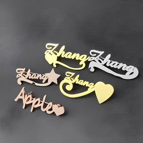 Gold, Silver Customized Name Personalised Name Broosh Decorated with Star or heart