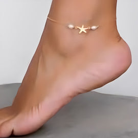 Gold with Pearls Star Anklet. Personalized Gold Star Anklet with Pearls - Elegant Customized Jewelry for Adults.