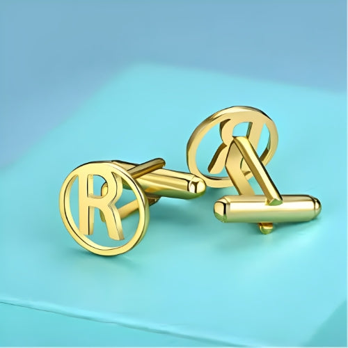 AALIA JEWELRIES Men Cufflinks Circle Gold Design Customized one Initial Personalized one Initial Gift all occasions Father-Wedding-Engagement-Birthday-Father.