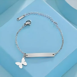 Silver Anklet Rectangle Shape with Butterfly Plain Design Or Custmized names