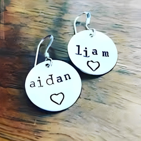 customized Hook Earrings Round Shape Engraved Name with heart Silver Gilrs Kids Personalized Name