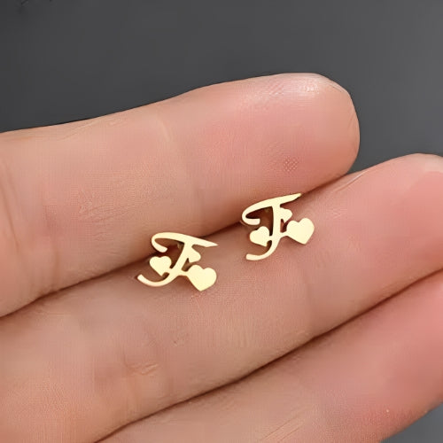customized Stud Earrings Letter Initial Shape with Hearts Gold Gilrs Kids Personalized Letter Jewelry