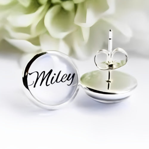 customized Stud Earrings Round Shape Engraved Name Silver Gilrs Kids Personalized Name