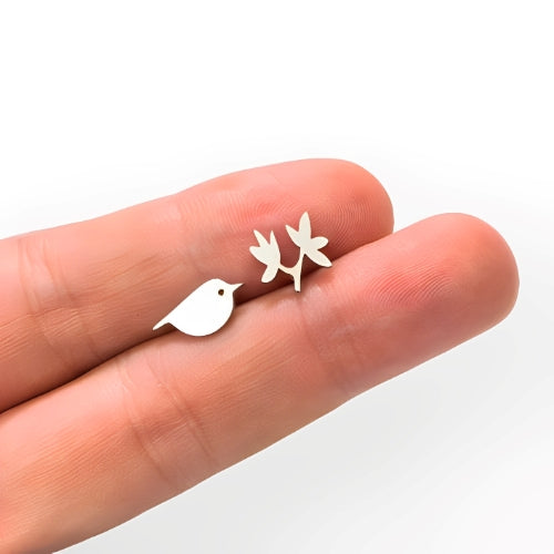 customized Stud Silver Earrings Bird Tree shape Gilrs Kids Personalized Jewelry