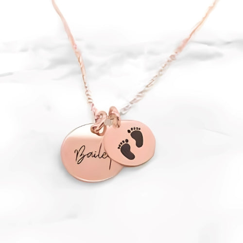 AALIA JEWLERIES Customized 2 Layers Round Shape Engraved Baby Name Foot Personalized Name Kids with Gold Necklace Jewelry For Baby Kids Birth Birthday Mom Parents
