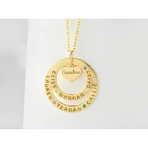 AALIA JEWLERIES Customized Two Layers Round Shape With Heart Engraved Names With Zircon Personalized Name Kids Gold Necklace Pendant Jewelry Kids Birth Birthday Mom