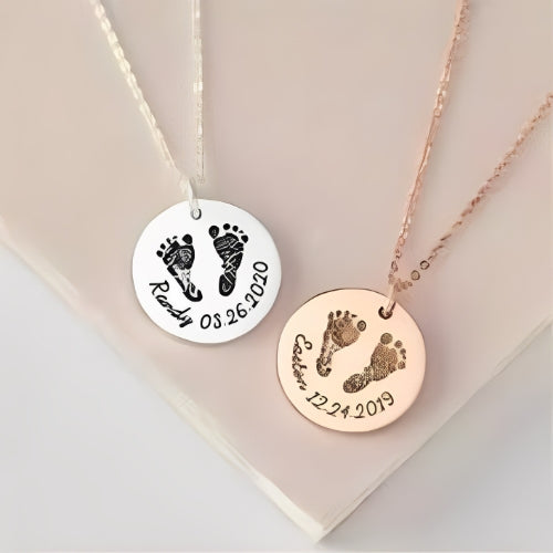 AALIA JEWLERIES Customized Round Shape Foot Centered Engraved Name Personalized Name Kids Baby Gold or Silver Necklace Jewelry Gift For Baby Kids Girls Birth Birthday