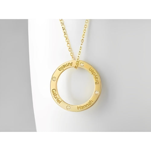 AALIA JEWLERIES Customized Round Shape Engraved Names With Zircon Personalized Name Kids Gold Necklace Pendant Jewelry For Baby Kids Birth Birthday Mom Parents