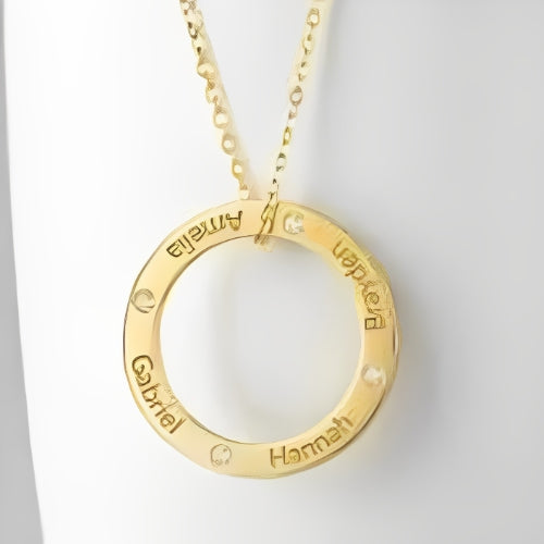 AALIA JEWLERIES Customized Round Shape Engraved Names With Zircon Personalized Name Kids Gold Necklace Pendant Jewelry For Baby Kids Birth Birthday Mom Parents