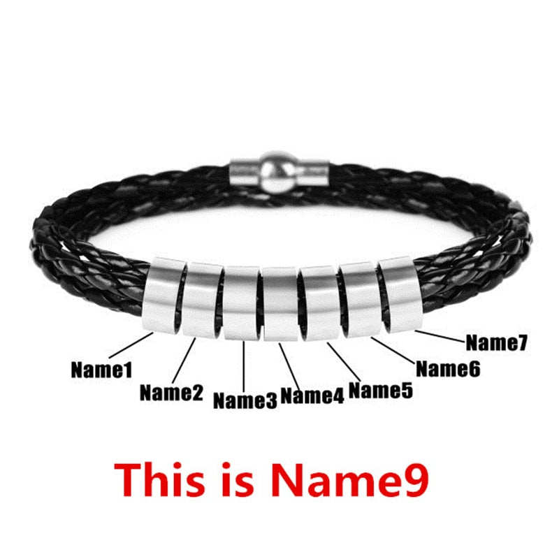 Personalized Mens Braided Genuine Leather Bracelet Stainless Steel Custom Beads Name Charm Bracelet for Men with Family Names