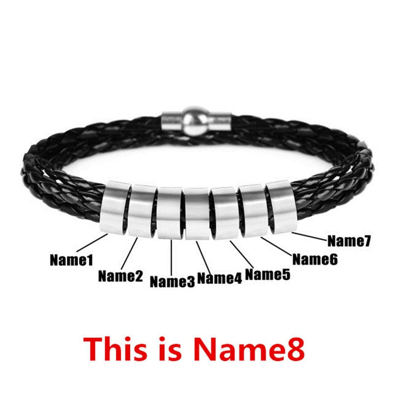 Personalized Mens Braided Genuine Leather Bracelet Stainless Steel Custom Beads Name Charm Bracelet for Men with Family Names