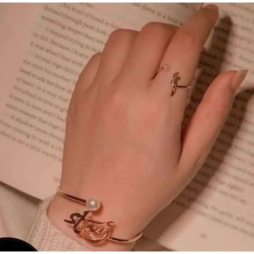 Arabic Font  Name Design with pearl Bangle braclet and ring set, customized Name Personalized jewelry for all ocassions. Gold plated name Braclet.
