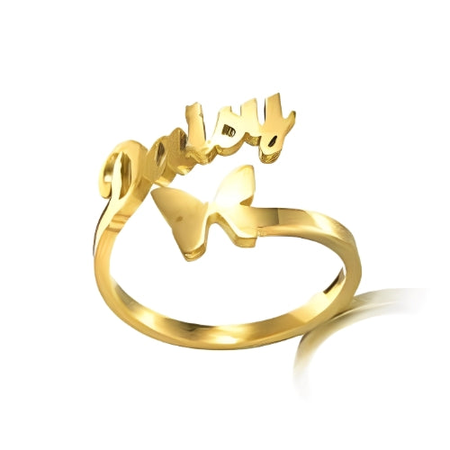 Beautiful Customized Name Ring Decorated with Butterfly Gold, Gold Plated, Rose Gold or Silver