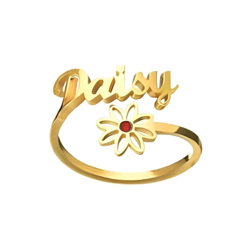 Beautiful Customized Name Ring Decorated with Flower Gold, Gold Plated, Rose Gold or Silver
