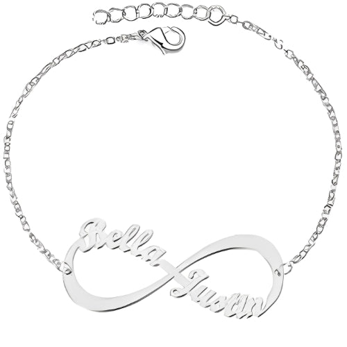 Beautiful Special Fonts Two Customized Names Infinity Design Pure Silver Bracelet