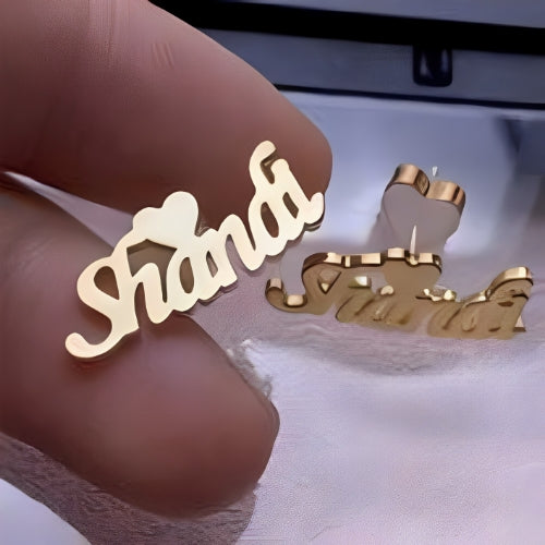 Best Quality Beautiful Design Customized Name Decorated with Heart & Crown Stud Gold Earrings using different Fonts.