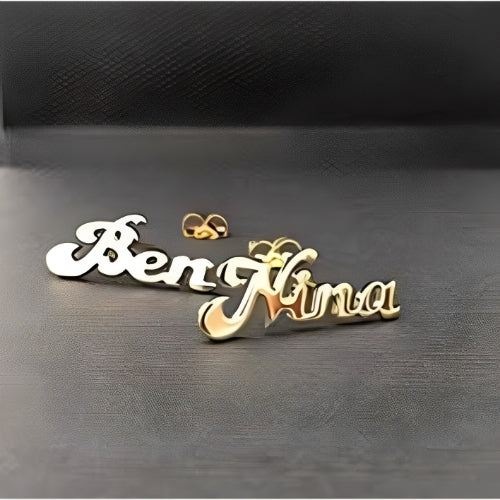 Best Quality Beautiful Design Customized Name Decorated with Heart & Crown Stud Gold Earrings using different Fonts.