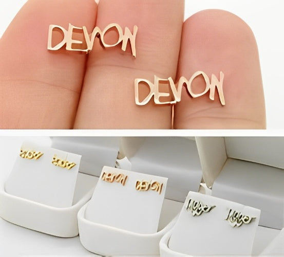 Best Quality Beautiful Design Customized Name Decorated with Heart & Crown Stud Gold Earrings using different Fonts.