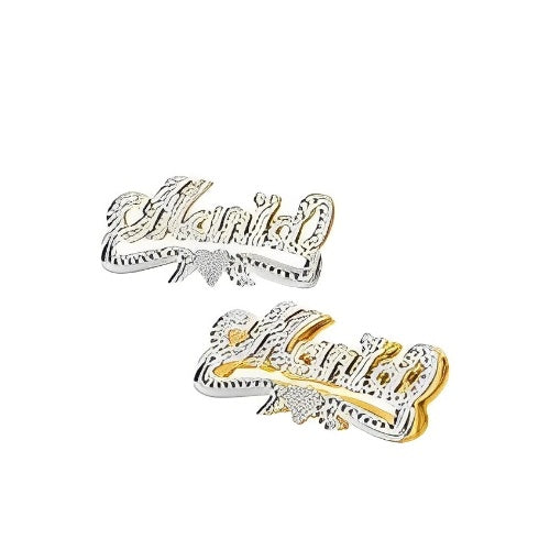 Best Quality Beautiful Design Customized Name Decorated with Heart & Crown Stud Gold Earrings using different Fonts.
