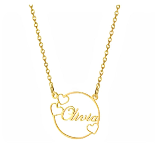 CIRCLE PERSONALISED NAME GOLD PLATED PENDANT DESIGNED WITH HEARTS.