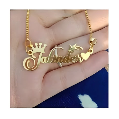 CURVED PERSONALISED NAME GOLD PENDANT DESIGNED WITH CROWN, HEART & STAR.