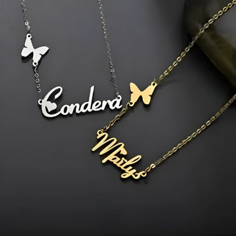 CUSTOMIZED NAME PENDANT DECORATED WITH HEARTS & BUTTERFLY.