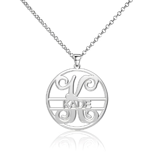 AALIA JEWELRIES Jayden Necklace Collections - Personalized Monogrammed Circle Pendant with Customized Nameplate. Circle Shape Initial Custom Name Necklace Custom Jewelry silver.