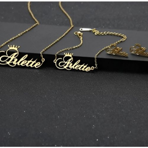 Crown 24k pure Gold,18Kgold plated, Pure silver Various Fonts name,  Customized Name pendant.